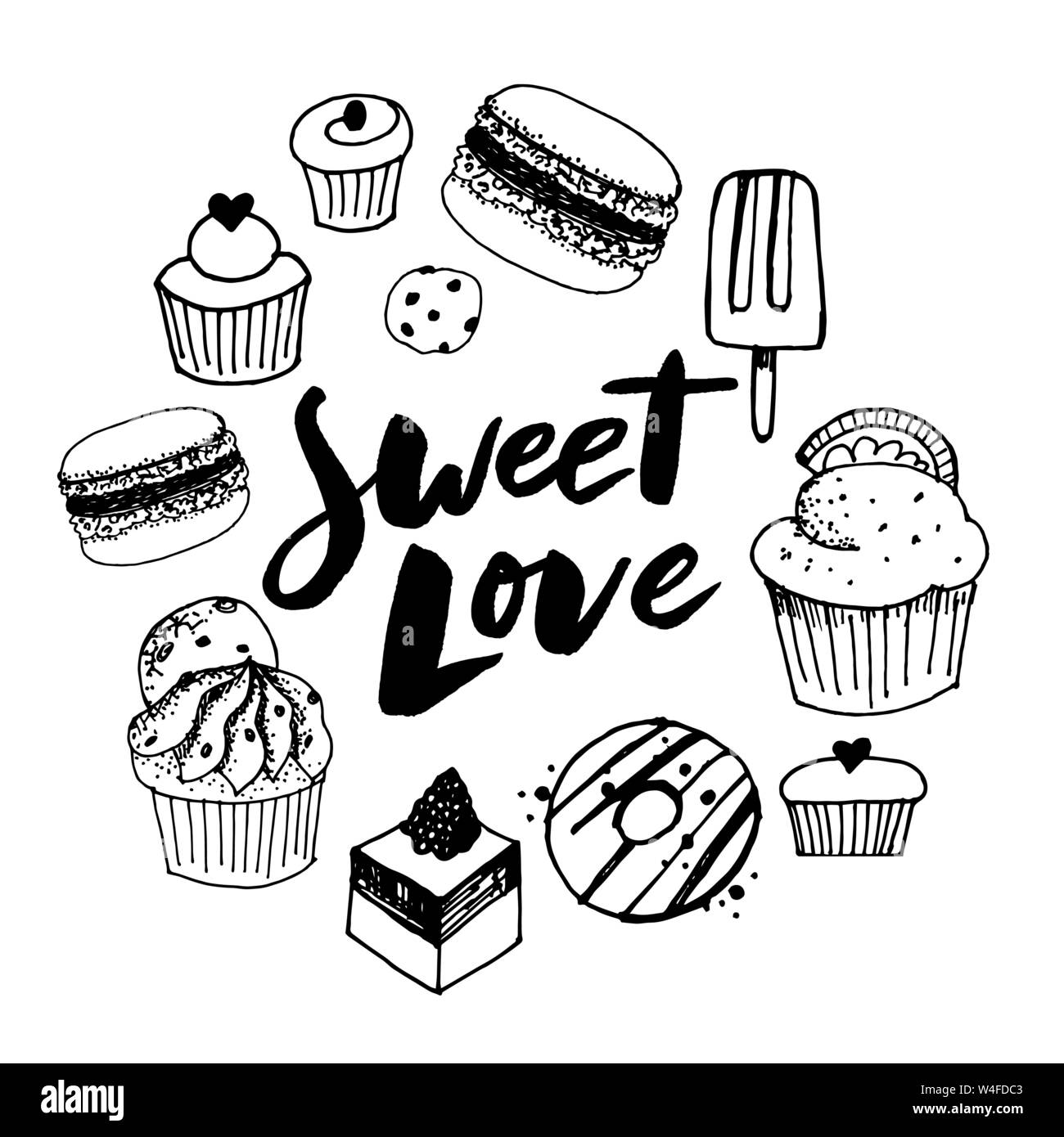 Vector set confectionery and sweets icons. Dessert, lollipop, ice cream with candies, macaron and pudding. Donut and cotton candy, muffin, waffles Stock Vector