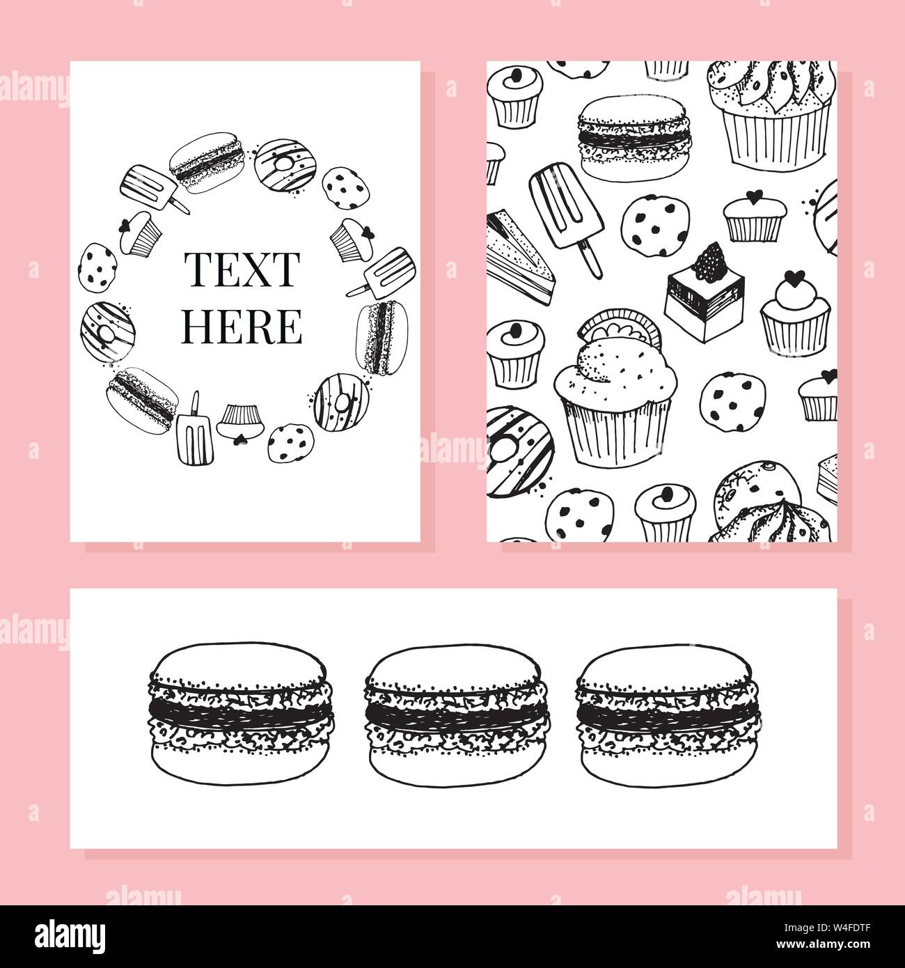 Bakery, pastry sweets and desserts vector banners with cakes and cupcakes, muffins, pies and tarts, vanilla biscuit puddings. Design for baker shop, c Stock Vector