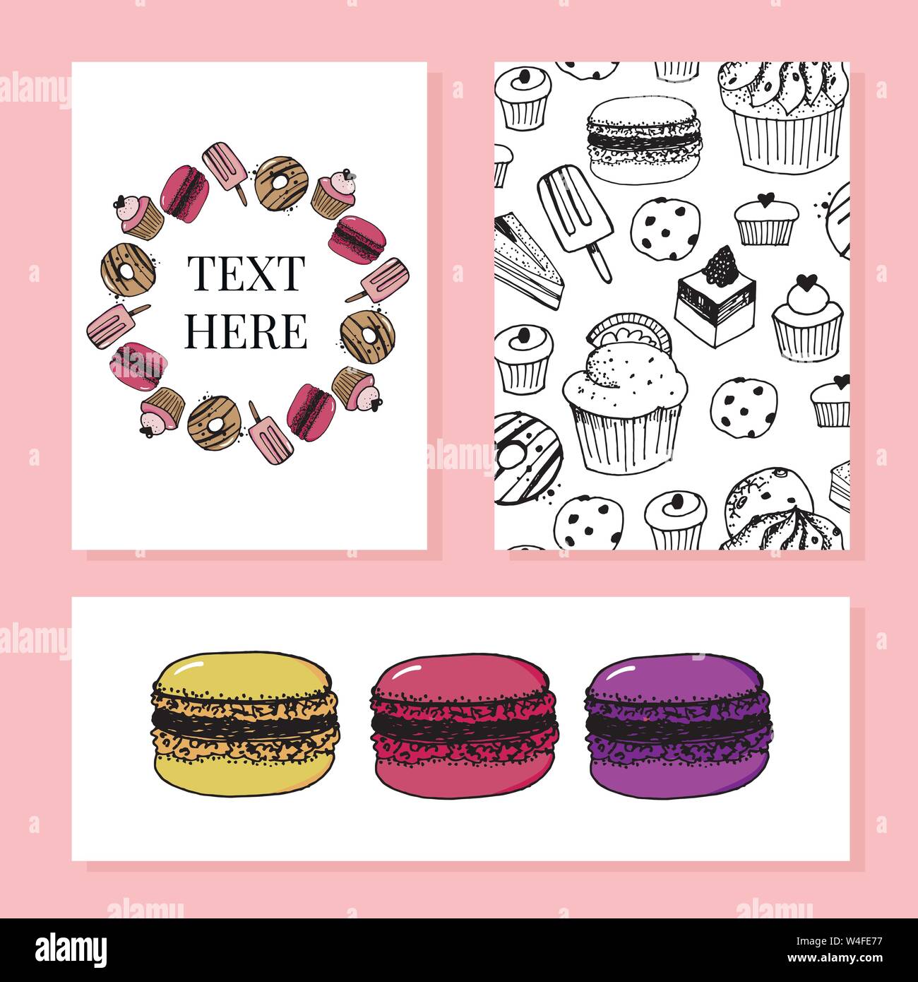 Bakery, pastry sweets and desserts vector banners with cakes and cupcakes, muffins, pies and tarts, vanilla biscuit puddings. Design for baker shop, c Stock Vector