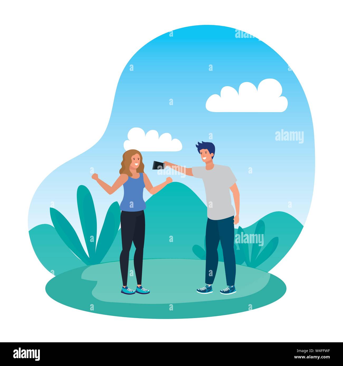 young lovers couple taking a selfie in the camp Stock Vector Image ...