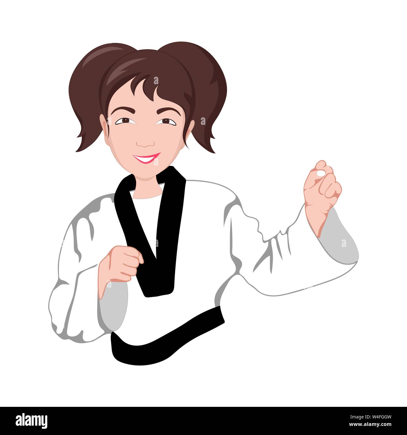 Asian karate girl with two tails stands in the fighting stance, funny vector isolated illustration. Stock Vector