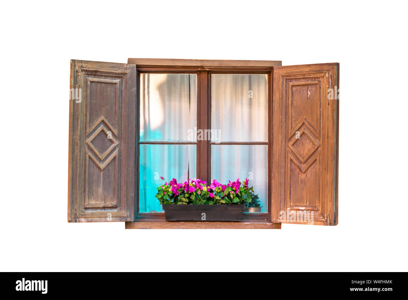 Old brown wooden window with flowers isolated on white background. Old ...