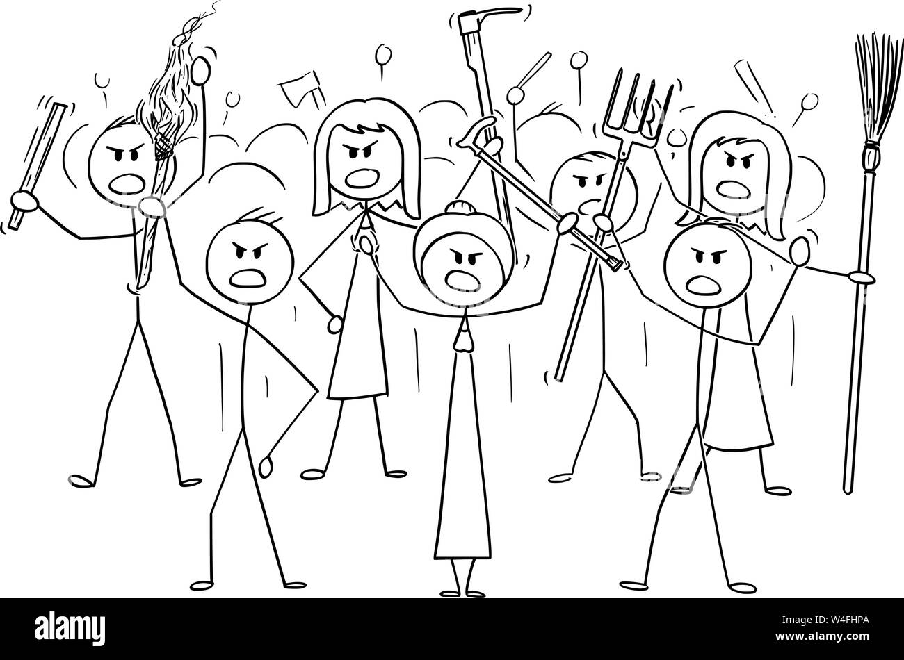 Vector cartoon stick figure drawing conceptual illustration of angry mob characters with torch and tools like pitchfork as weapons. Stock Vector