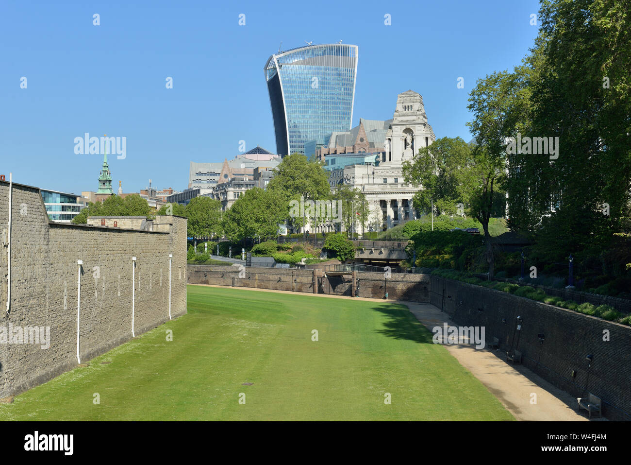 20 Fenchurch street towering over Tower of London moat towards Tower Hill and the City of London, United Kingdom Stock Photo
