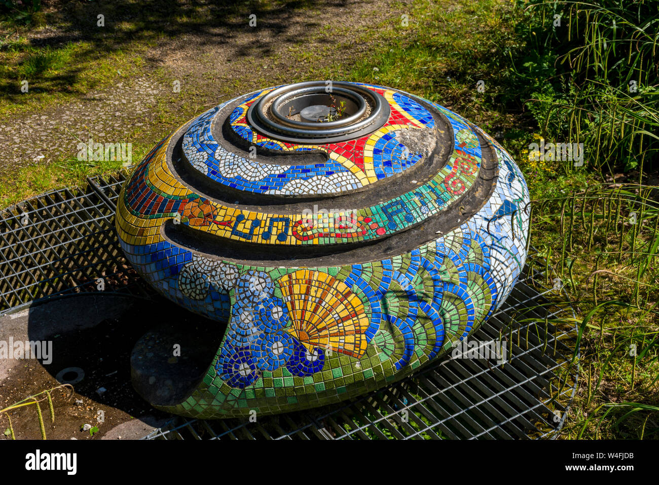 Shell sculpture with mosaics (details not known), Hulme Park, Manchester, UK Stock Photo