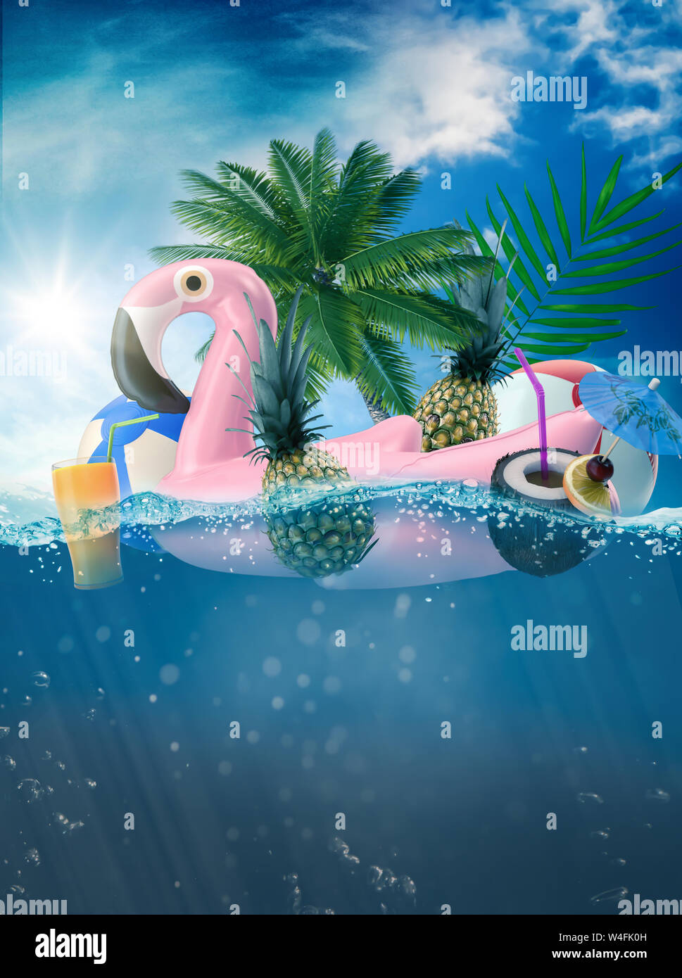 Inflatable flamingo floats in the warm pool because it is summer and vacation time Stock Photo