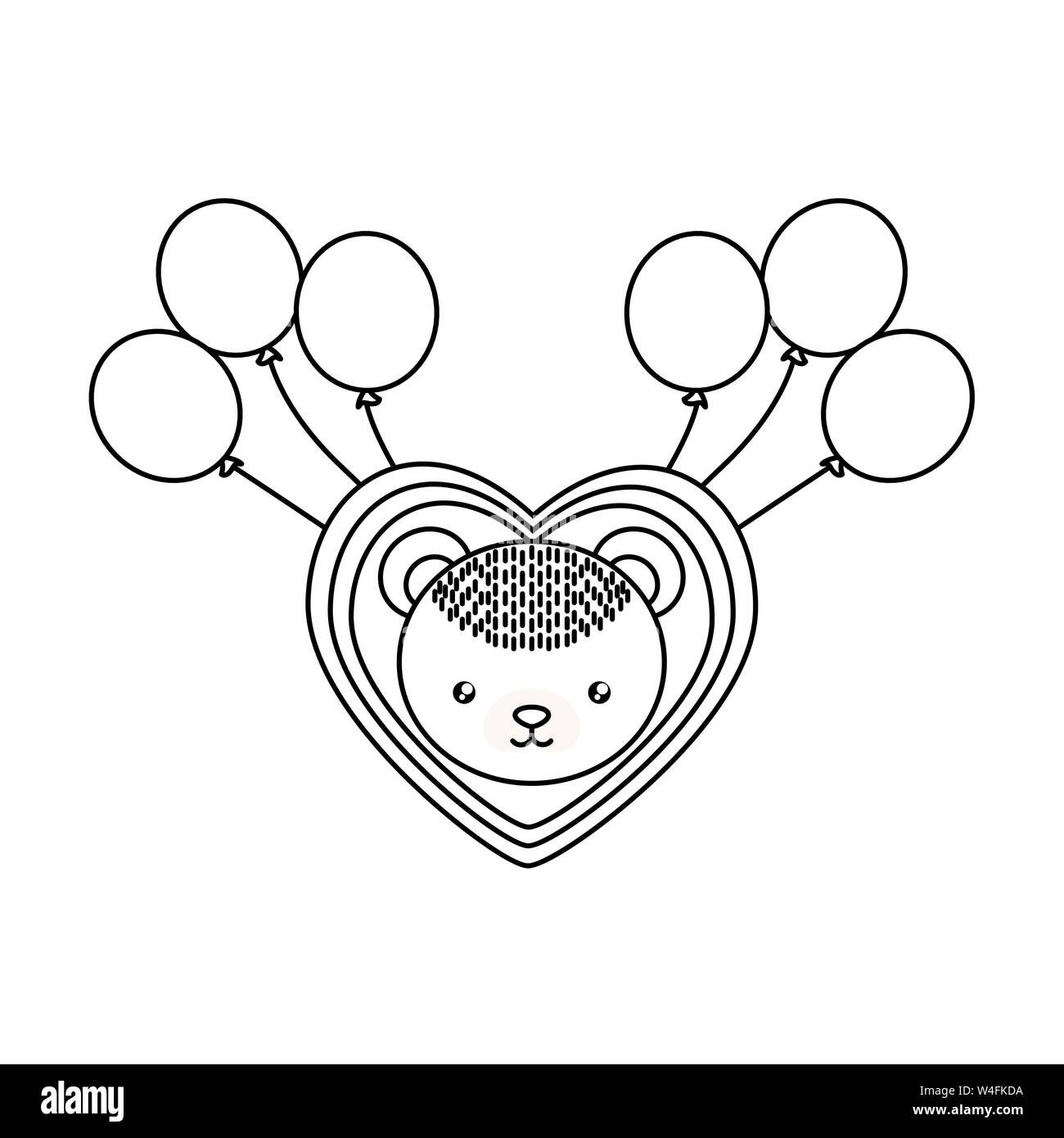 head of cute little bear baby in heart with balloons helium vector ...