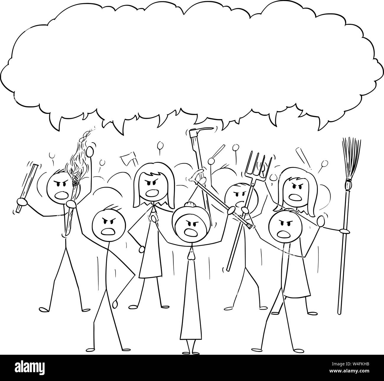 Vector cartoon stick figure drawing conceptual illustration of angry mob characters with torch and tools like pitchfork as weapons. Empty speech bubble ready for your text. Stock Vector