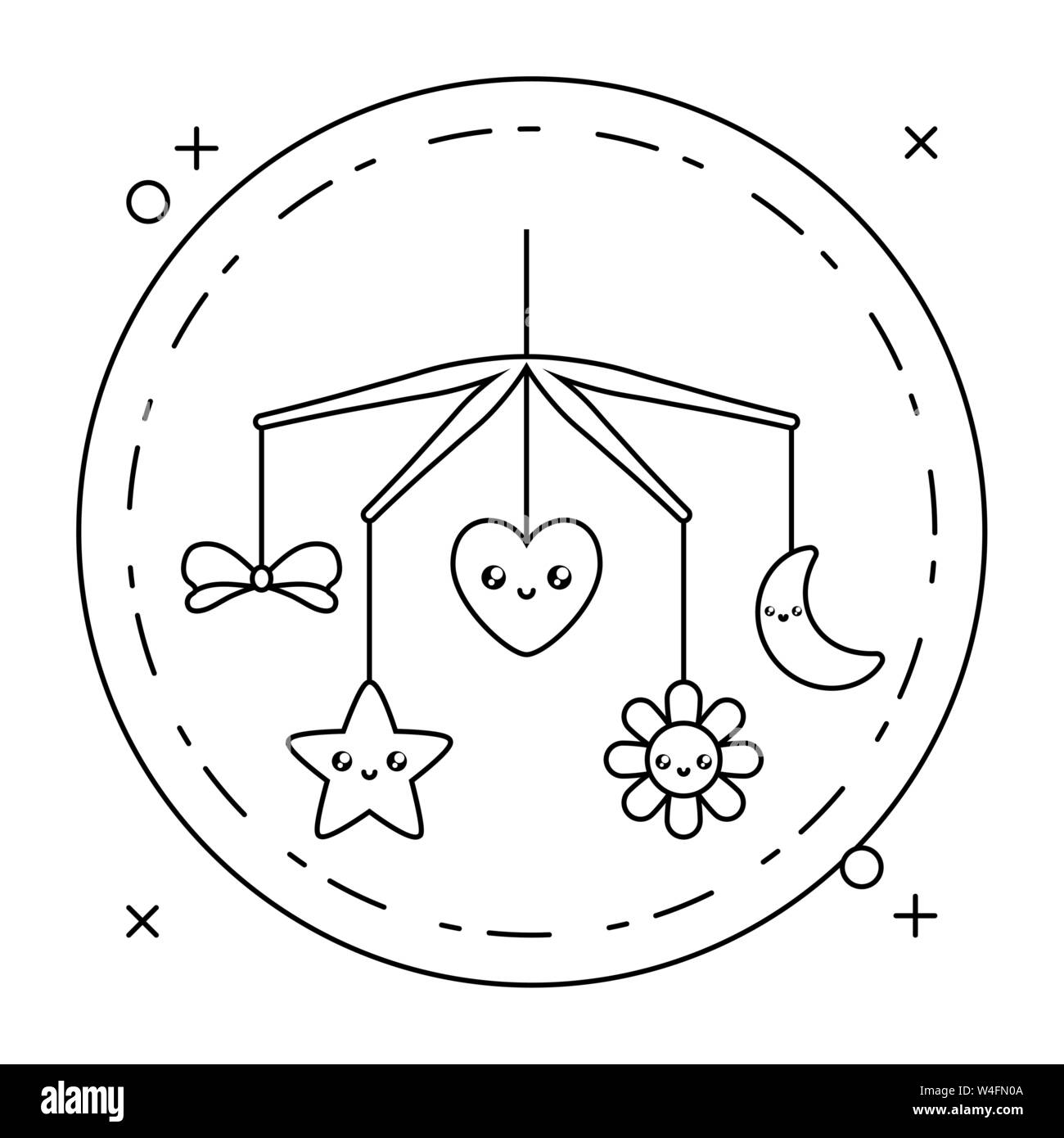 cradle mobile baby toy kawaii style in frame circular vector illustration design Stock Vector