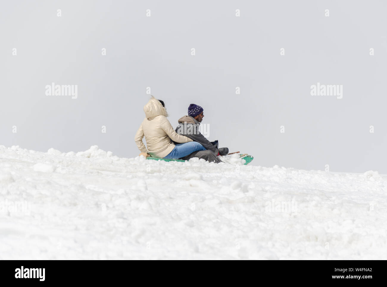 Tourist enjoying sledge ride at Gulmarg Gondola Phase 2 / Apharwat Peak, Gulmarg, Jammu and