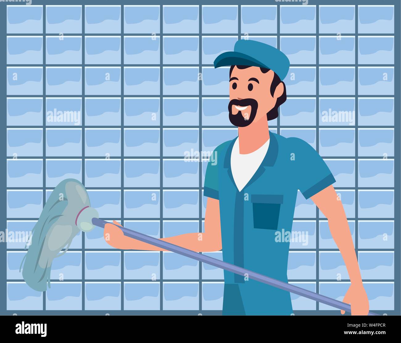 worker cleaning man mop wall tiles background vector illustration Stock