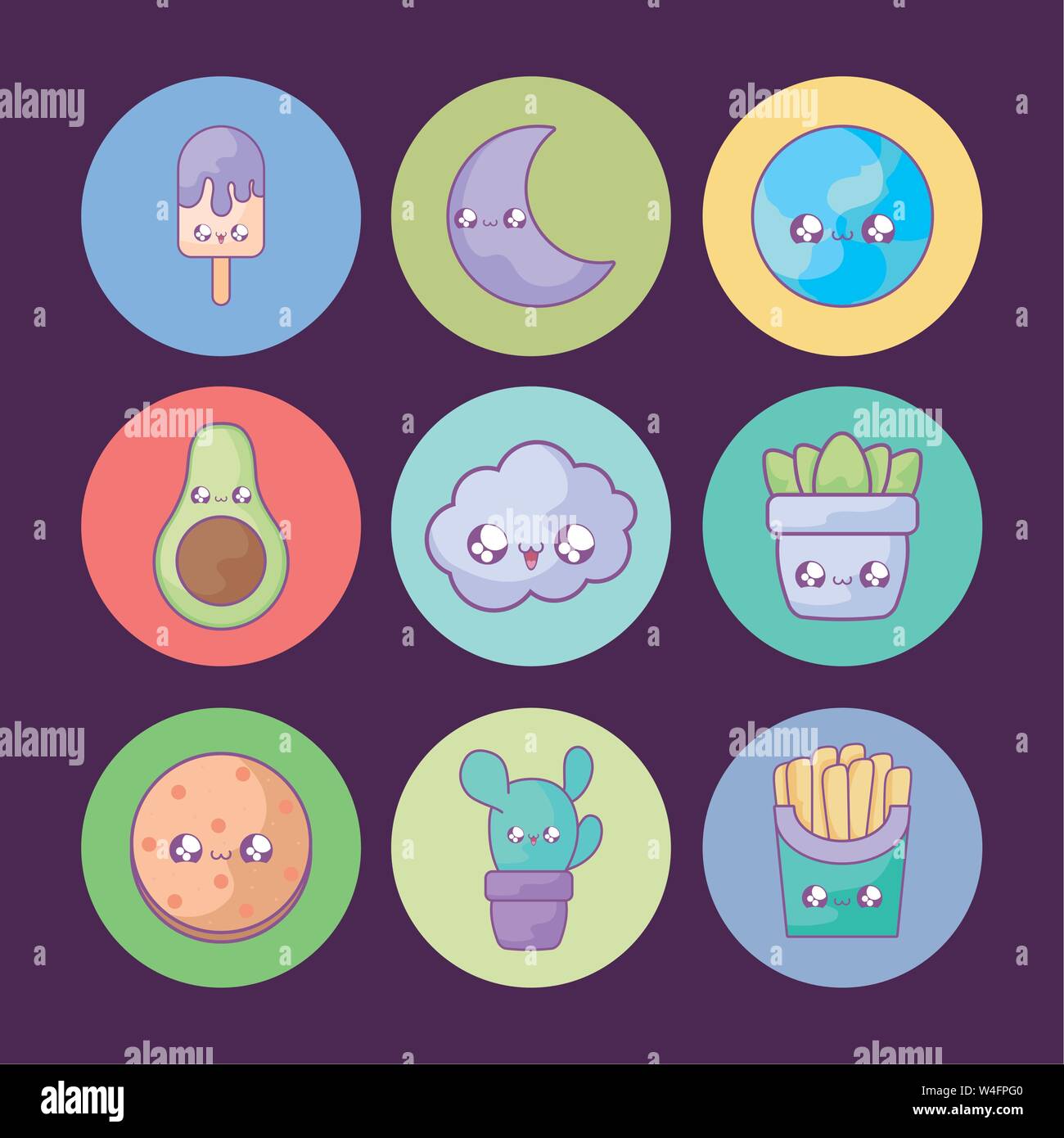 ice cream in stick with set icons kawaii style vector illustration ...