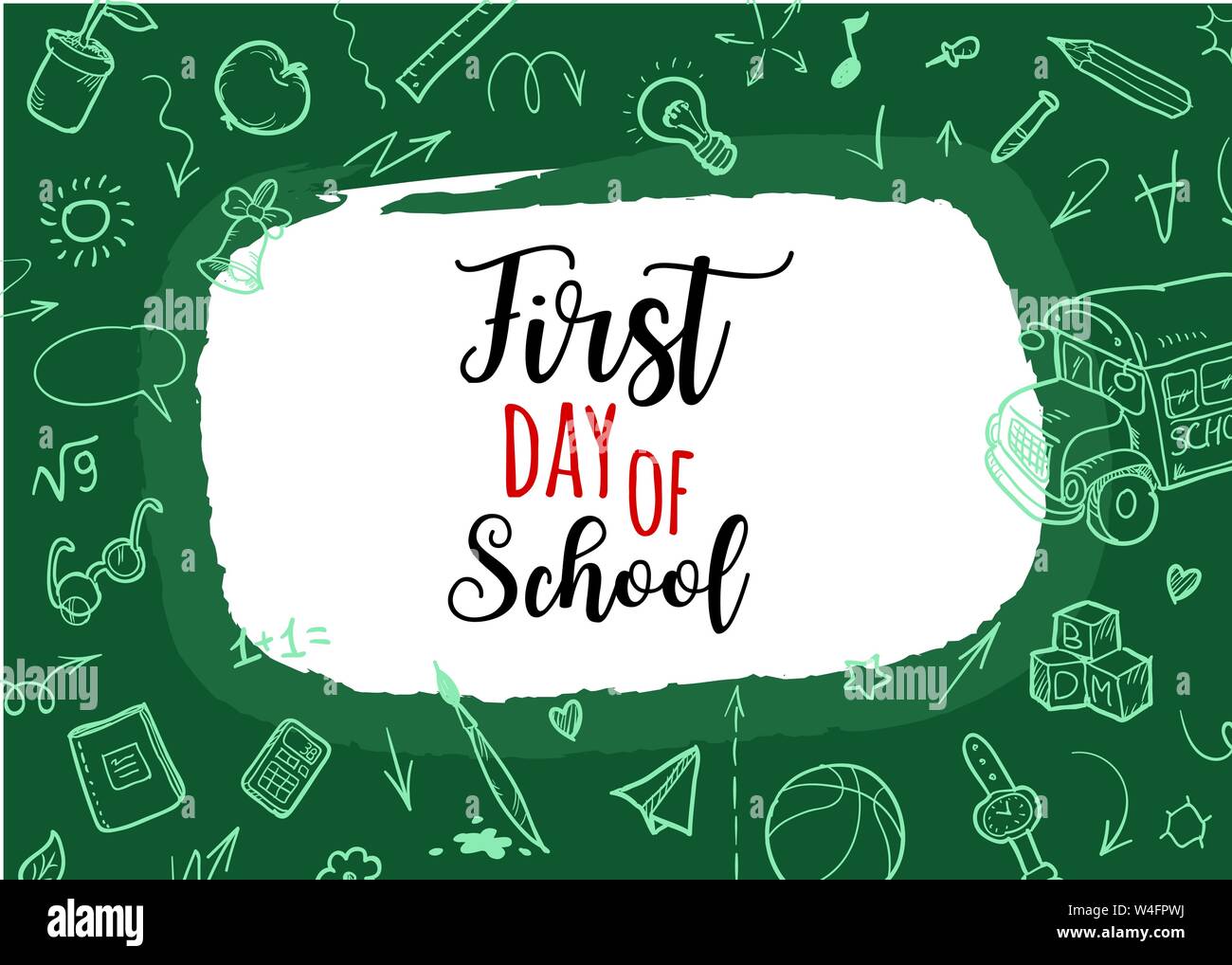 Back to school Background. Banner with texture from line art icons of education, science objects and office supplies on the green background Stock Vector