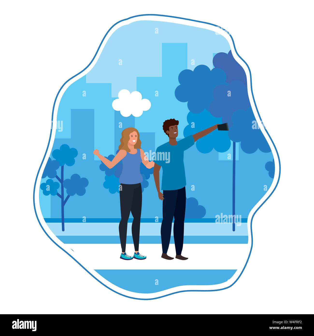 interracial lovers couple taking a selfie in the camp Stock Vector ...