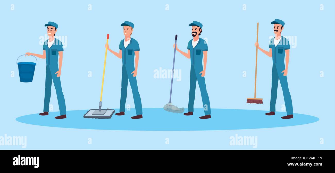 men with broom mop bucket cleaning products and supplies vector ...