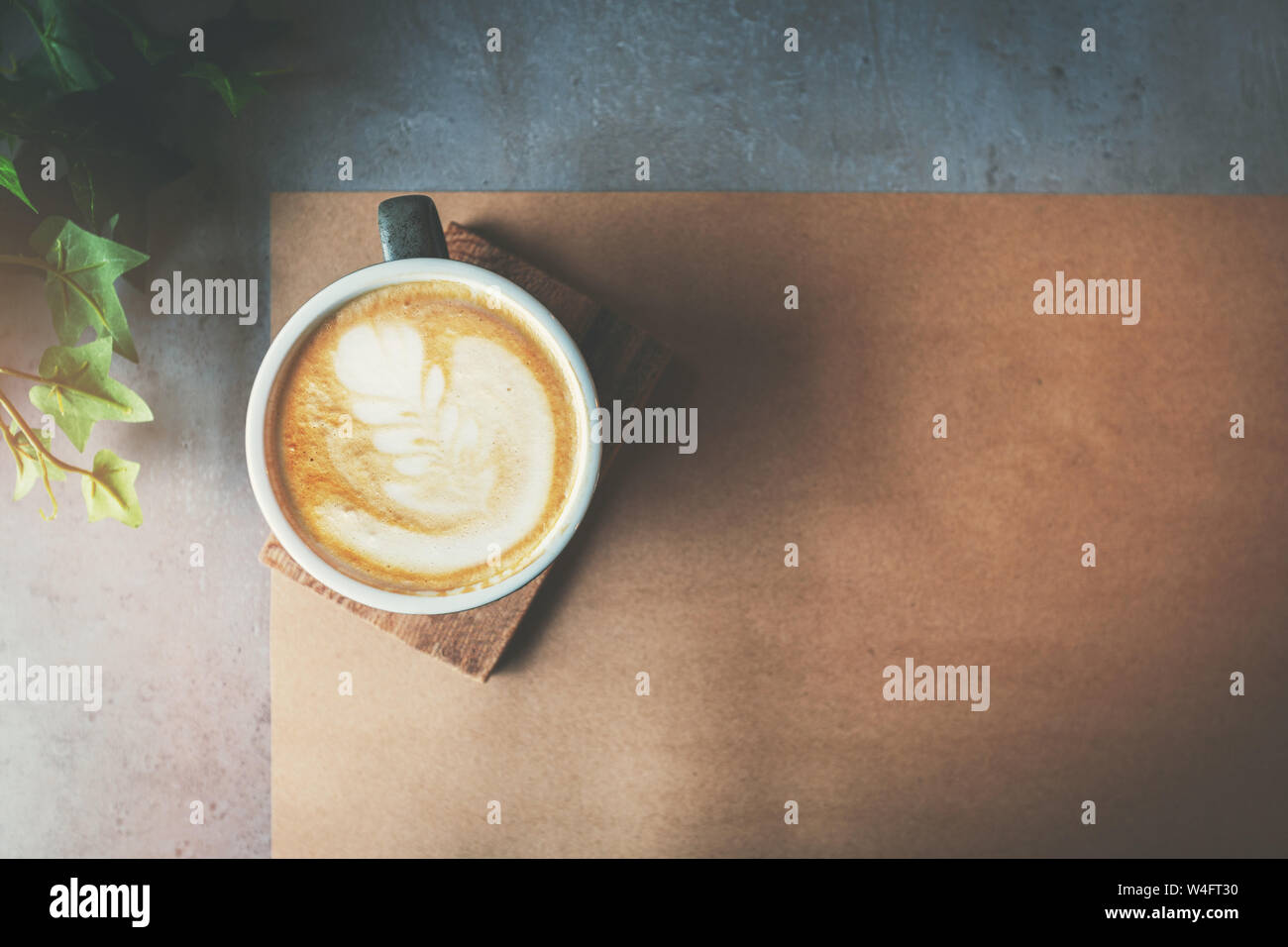 cup of cafe latte on the table. top view copy space Stock Photo Alamy