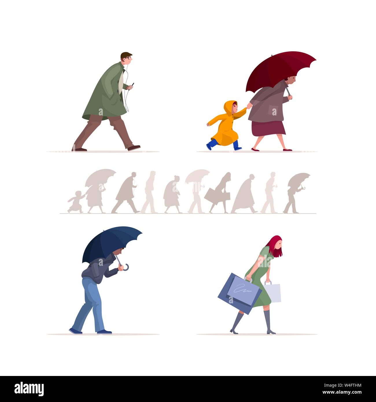 People walking in the rain. Rainy day in autumn season. Man, woman and kid characters vector flat illustration collection. Stock Vector
