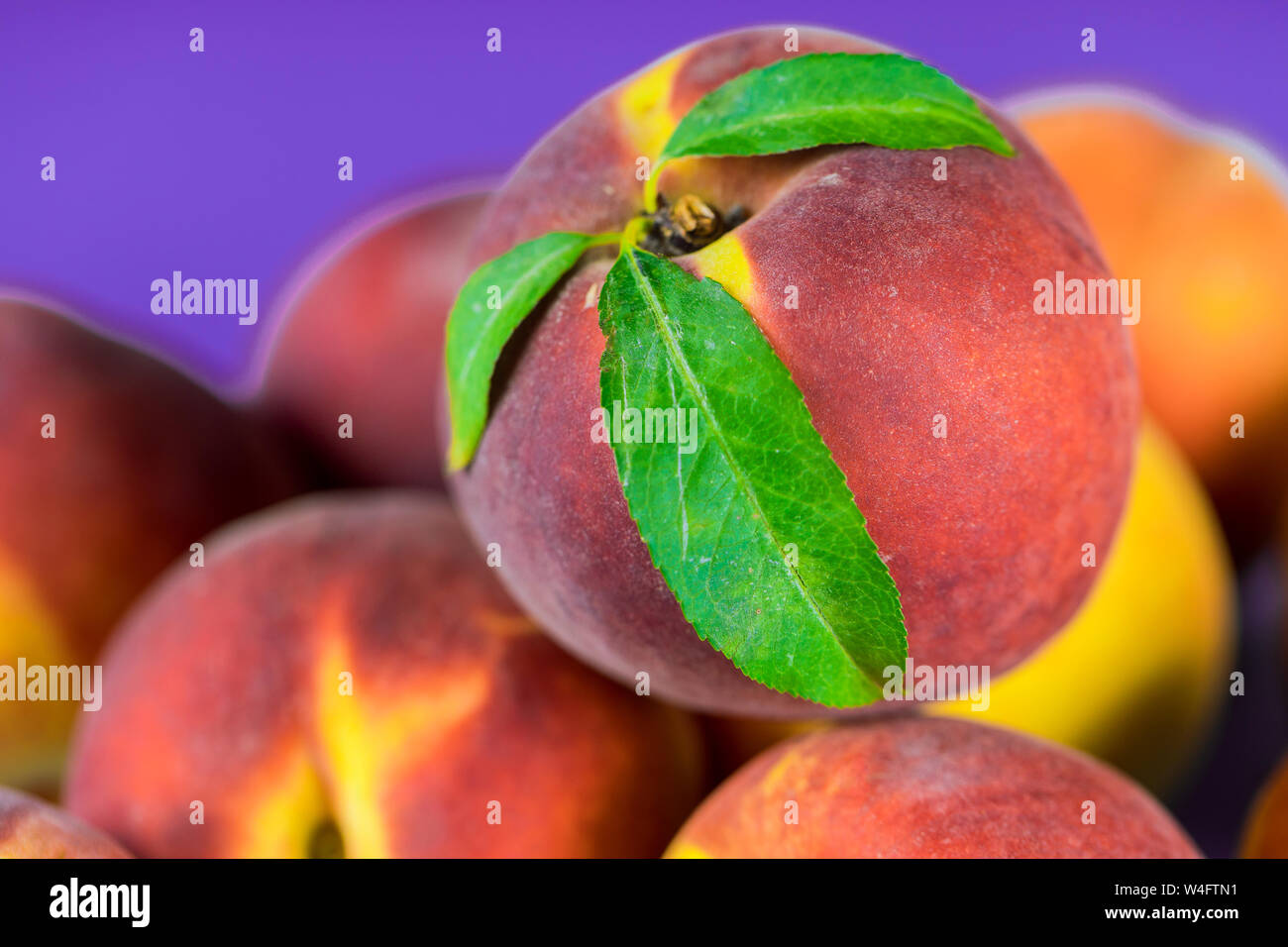 Fresh, ripe peaches with three leaves close up Stock Photo - Alamy