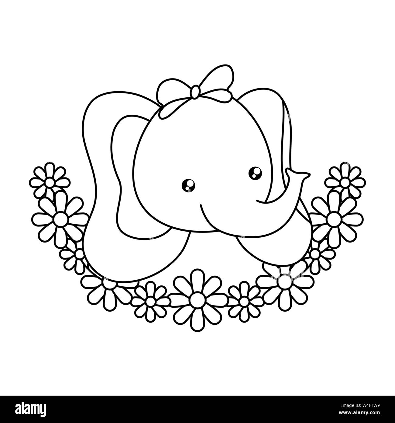 head of cute little elephant baby with crown flowers vector ...
