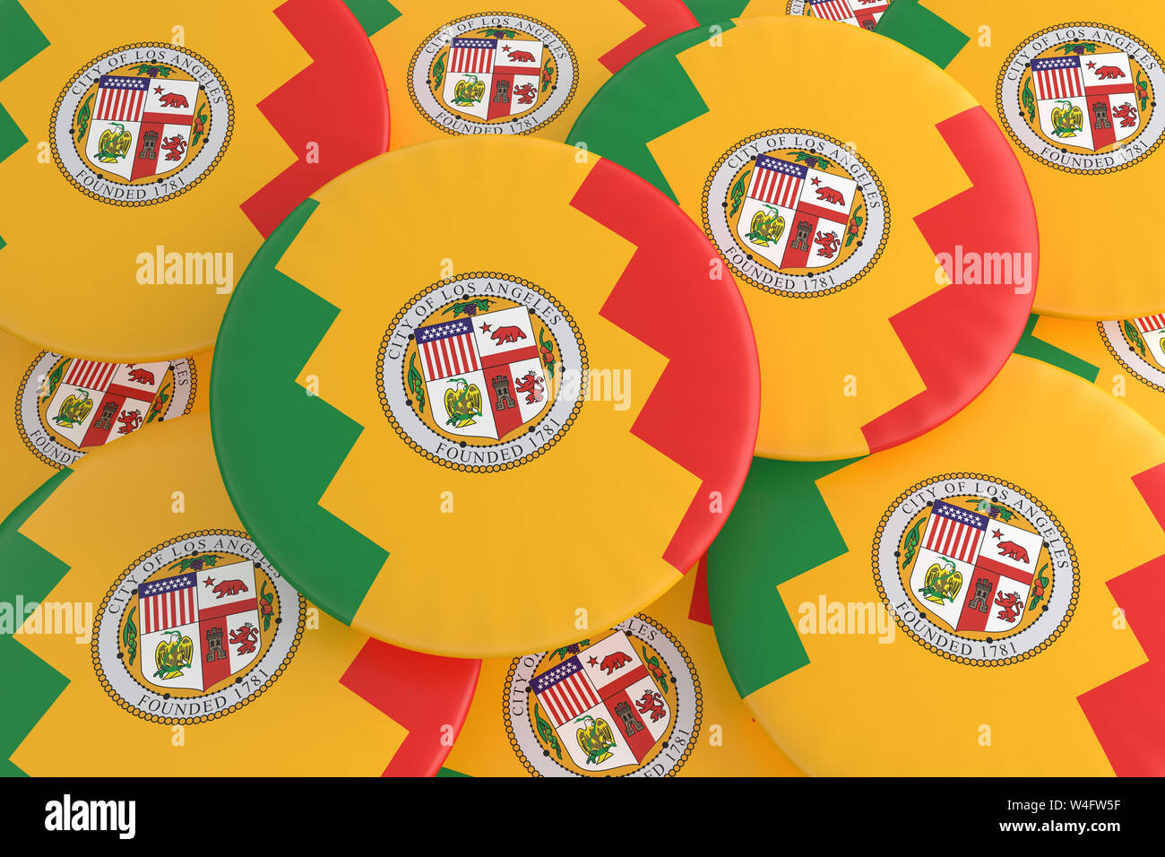 US City Buttons Pile of Los Angeles, California Flag Badges, 3d