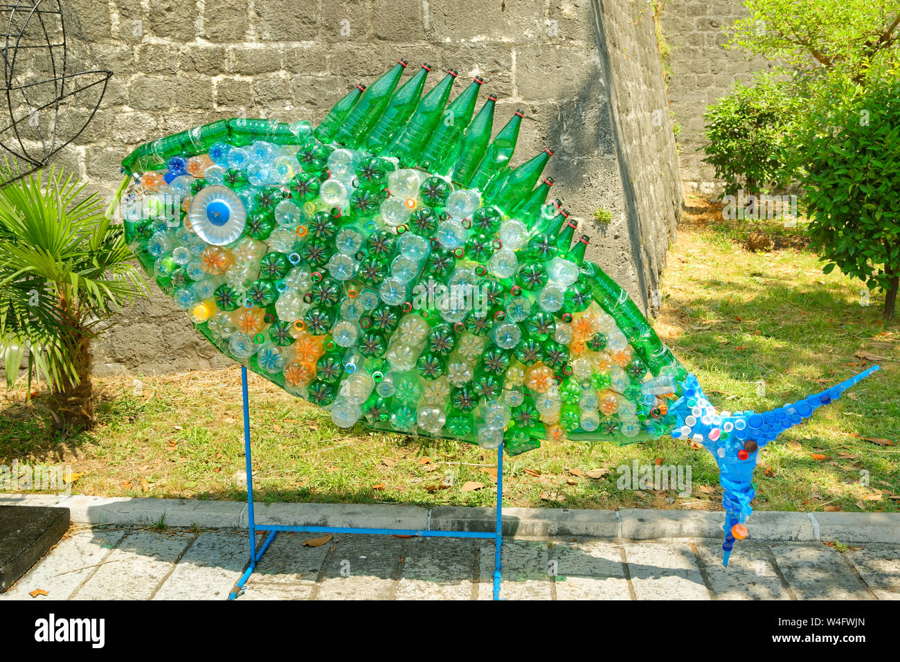Fish feature created from plastic waste at Kotor in Montenegro. Stock Photo