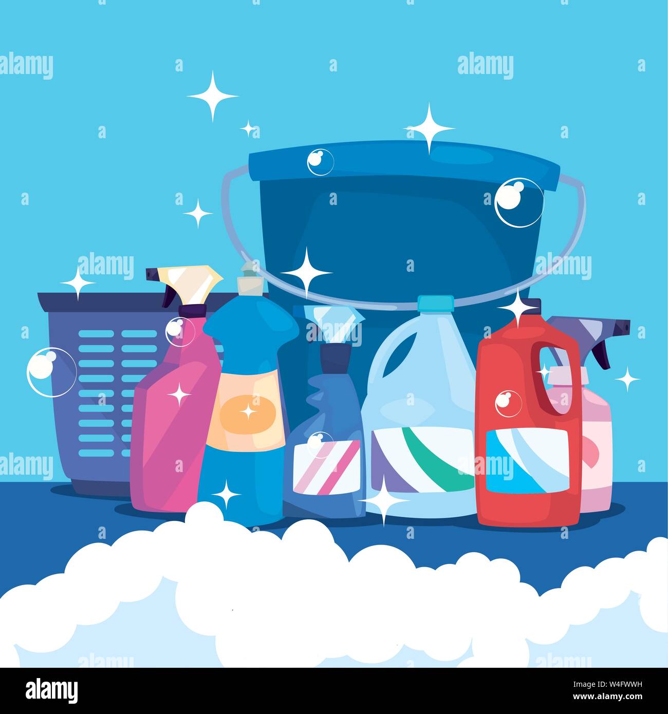 bucket basket bottles spray bubbles cleaning products and supplies vector illustration Stock