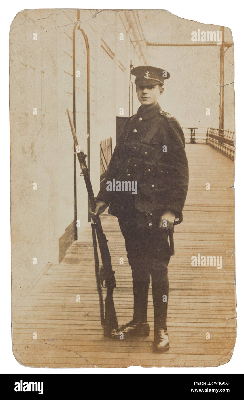 Richard Henry Cooper in uniform probably in Kent with the cap badge of the Buffs and a shoulder badge of the Kent Cyclists Stock Photo