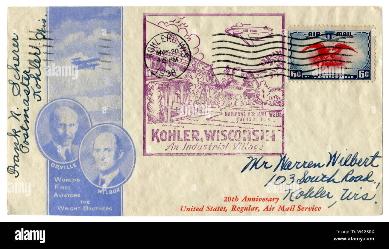 Kohler, Wisconsin, The USA  - 20 May 1938: US historical envelope: cover with cachet The Wright Brothers. National Air Mail Week, industrial village. Stock Photo
