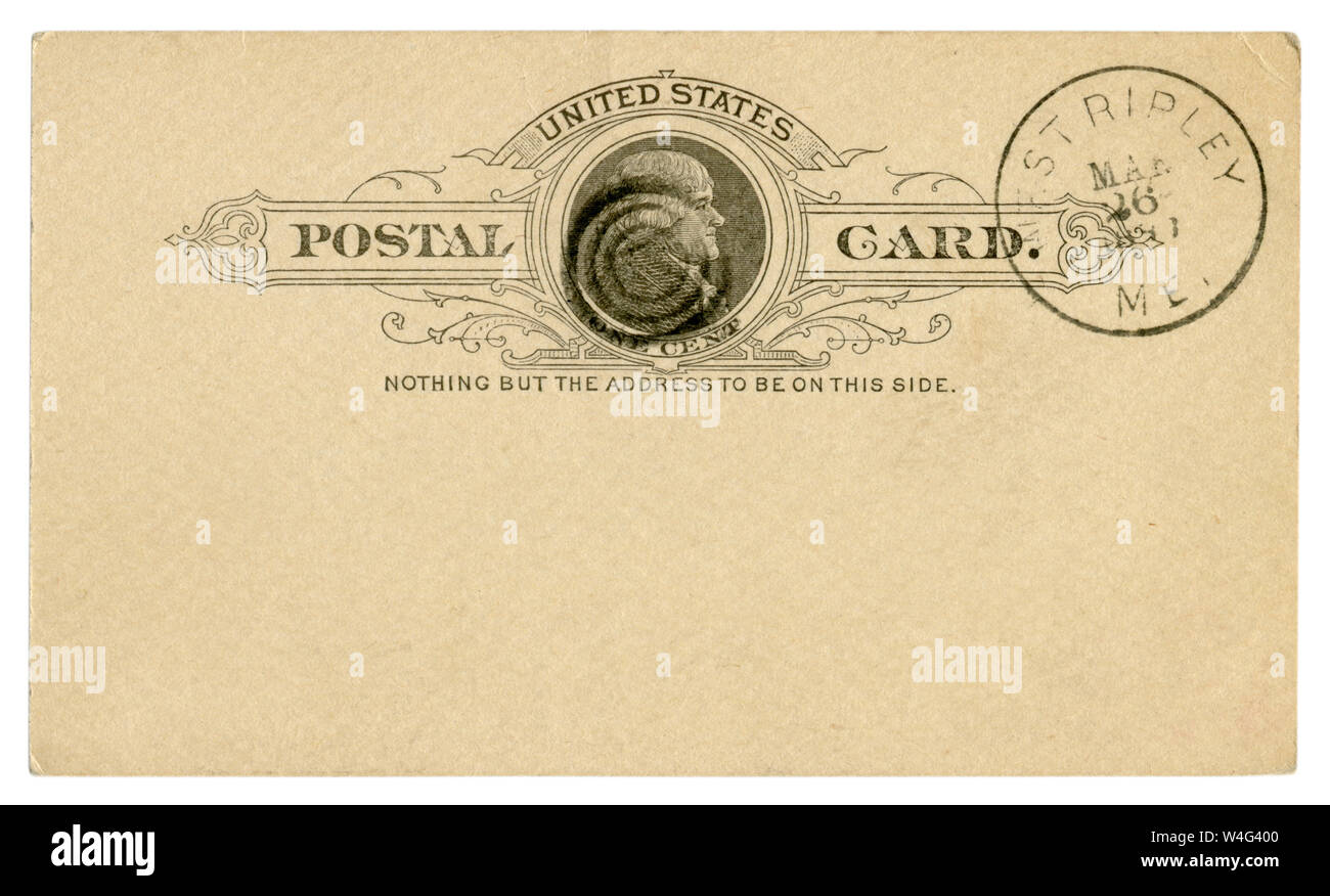 West Ripley, Maine, The USA - 26 March 1889: Blanked US historical Postal Card with black text in vignette, Imprinted One Cent Thomas Jefferson stamp Stock Photo