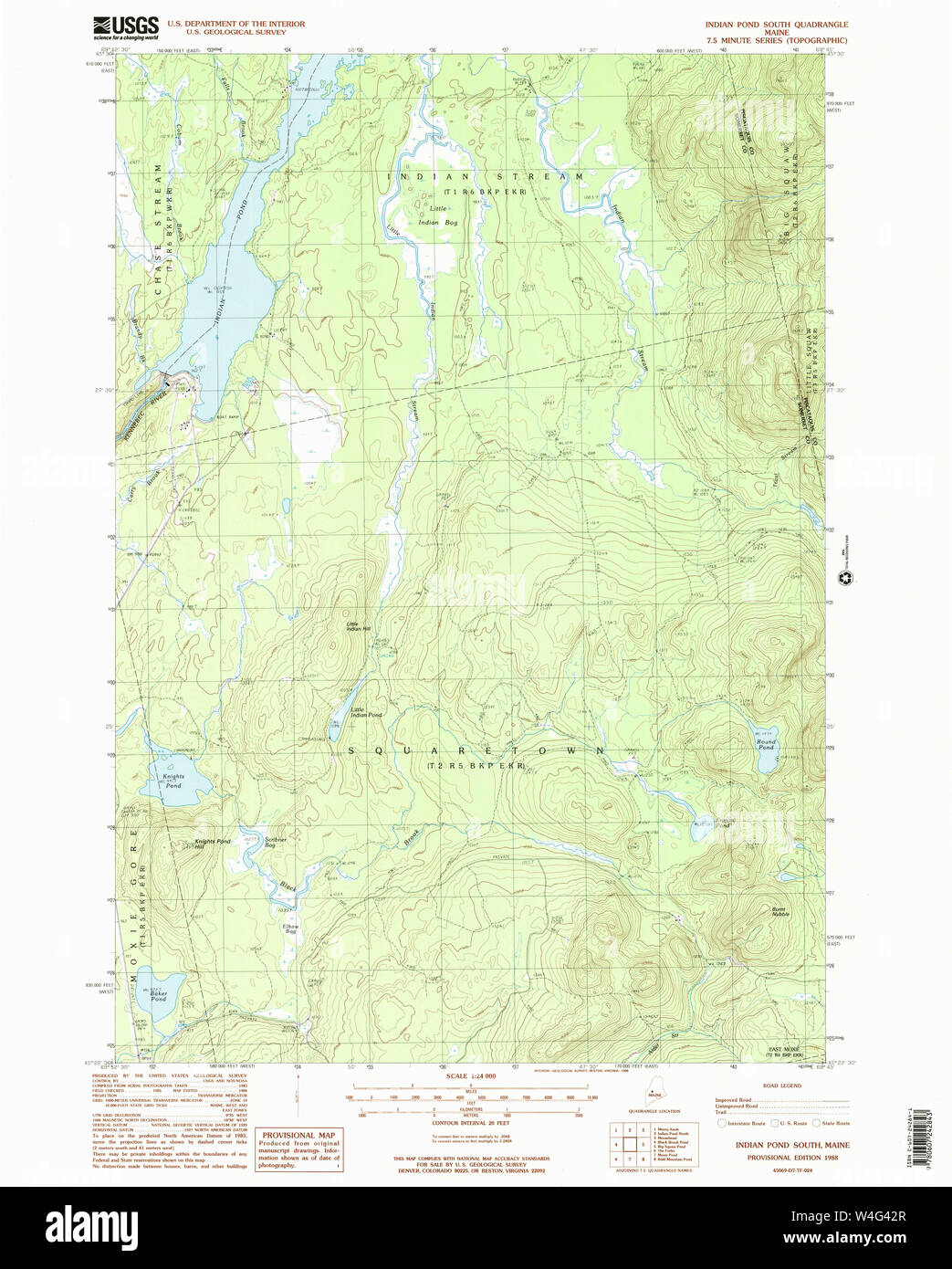 Maine USGS Historical Map Indian Pond South 105227 1988 24000 Restoration Stock Photo