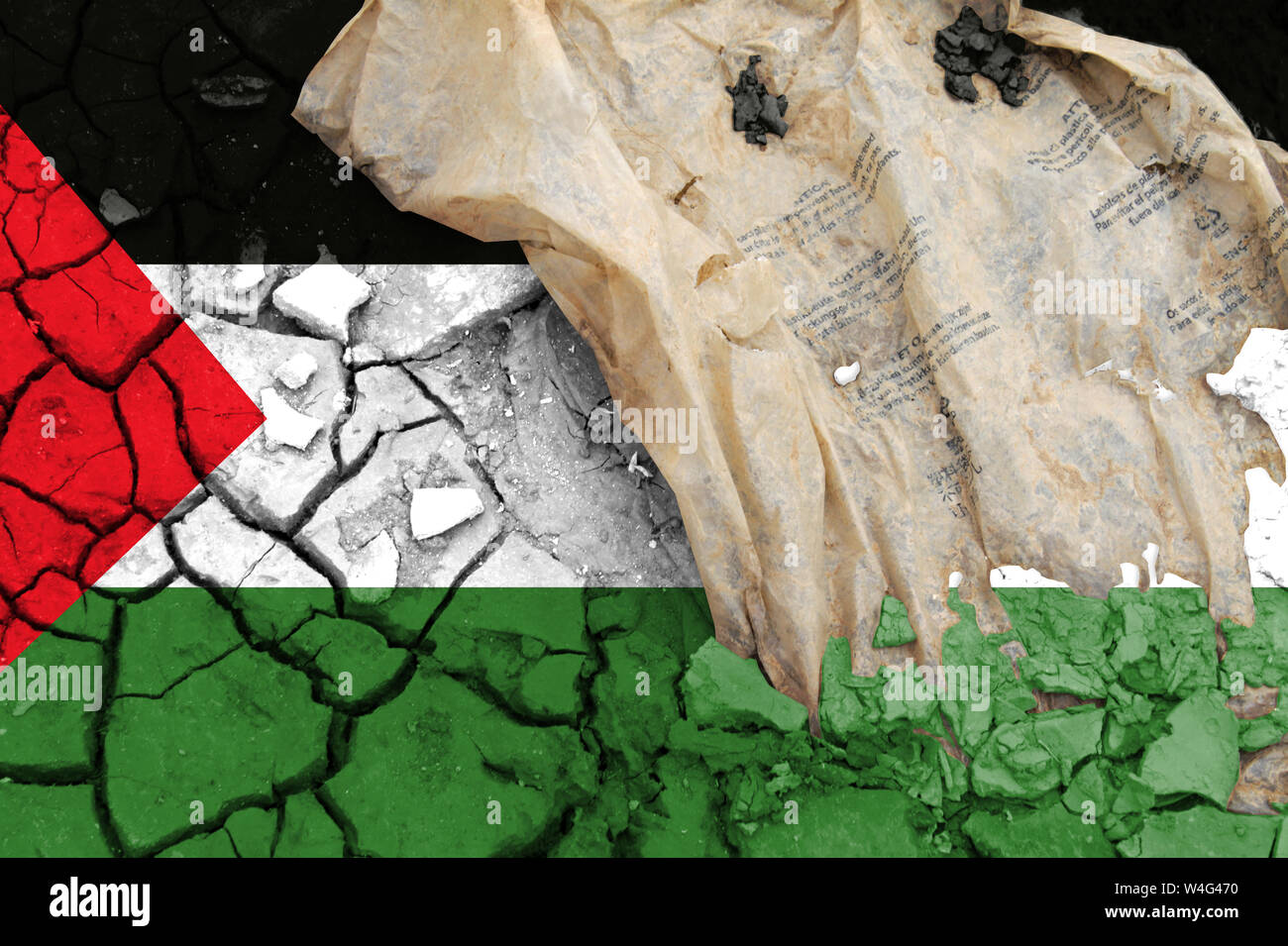 The flag of Palestine, the flag is depicted on cracked earth. Ecology concept with environmental pollution from household and industrial waste. Stock Photo