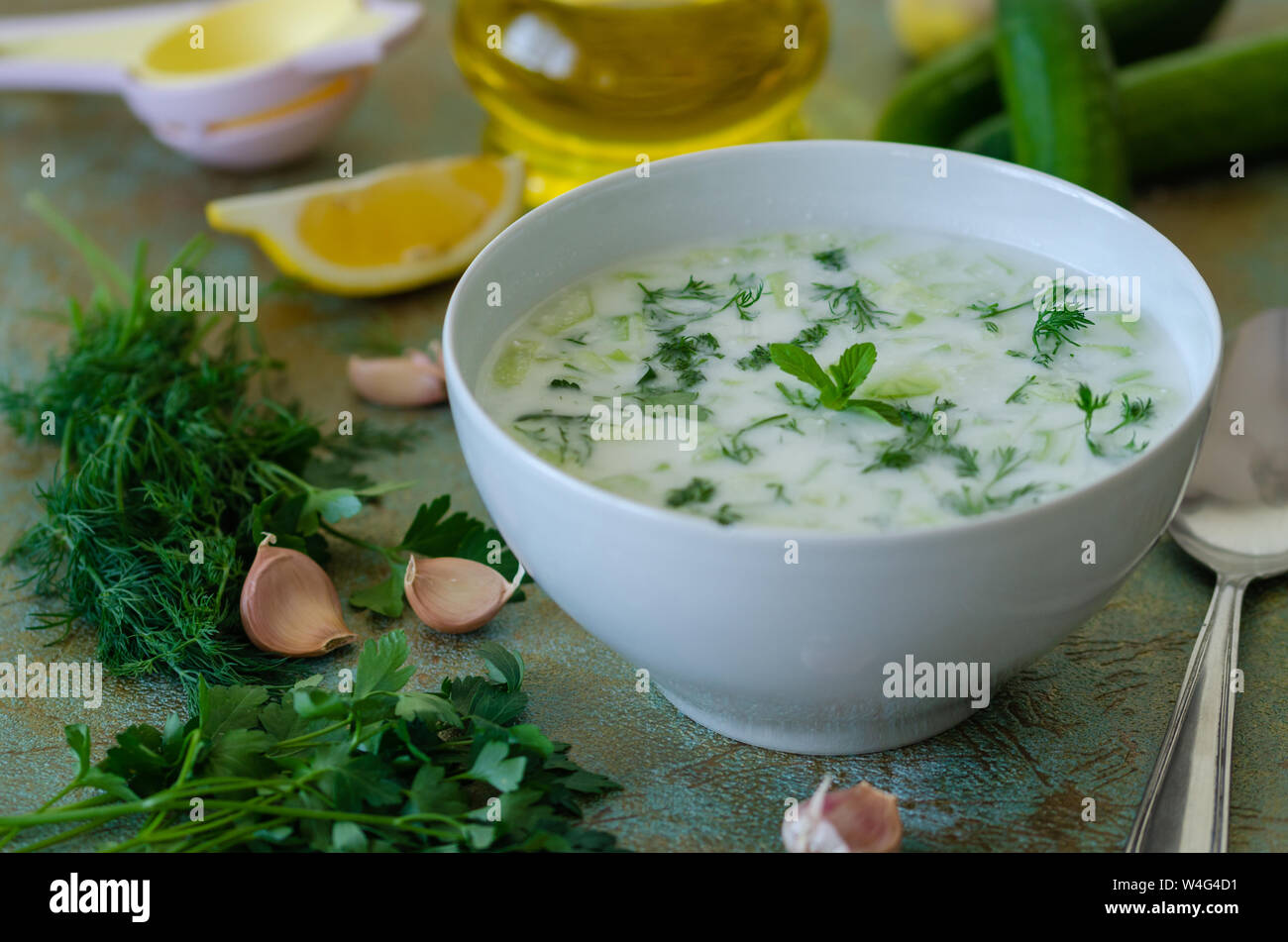 Traditional Turkish drink cacik or  tzatziki . made from yogurt, garlic, and cucumbers. Stock Photo