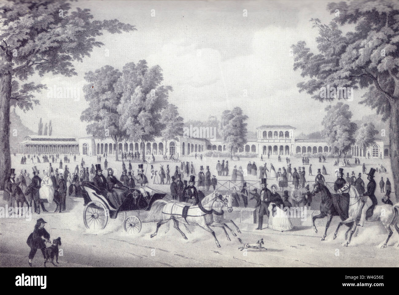 The Iron Fountain Pavilion and the Arkadenbau in Bad Kissingen, Germany. lithograph by Christian Weiss and H kuber 1850 Stock Photo