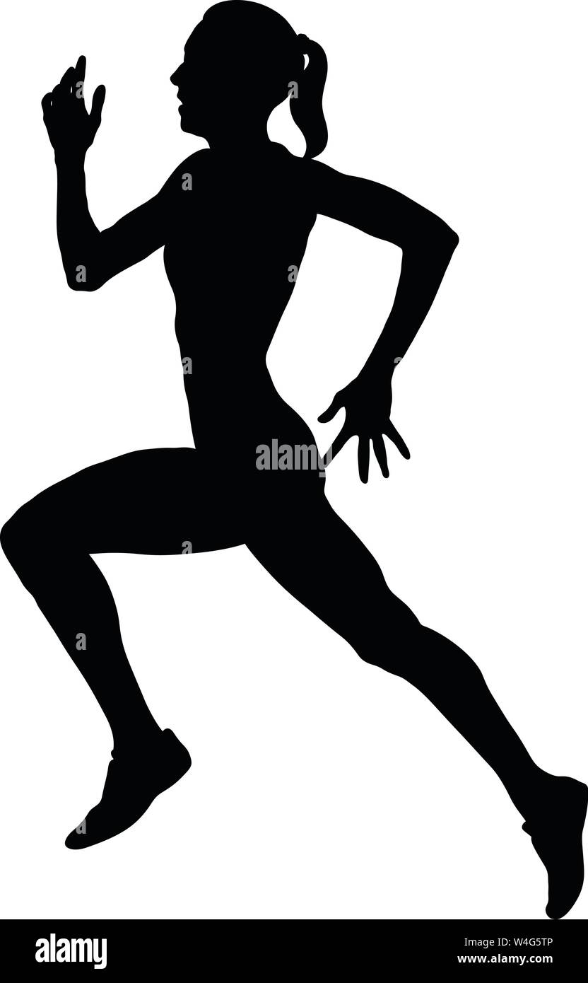 slender female athlete runner running black silhouette Stock Vector