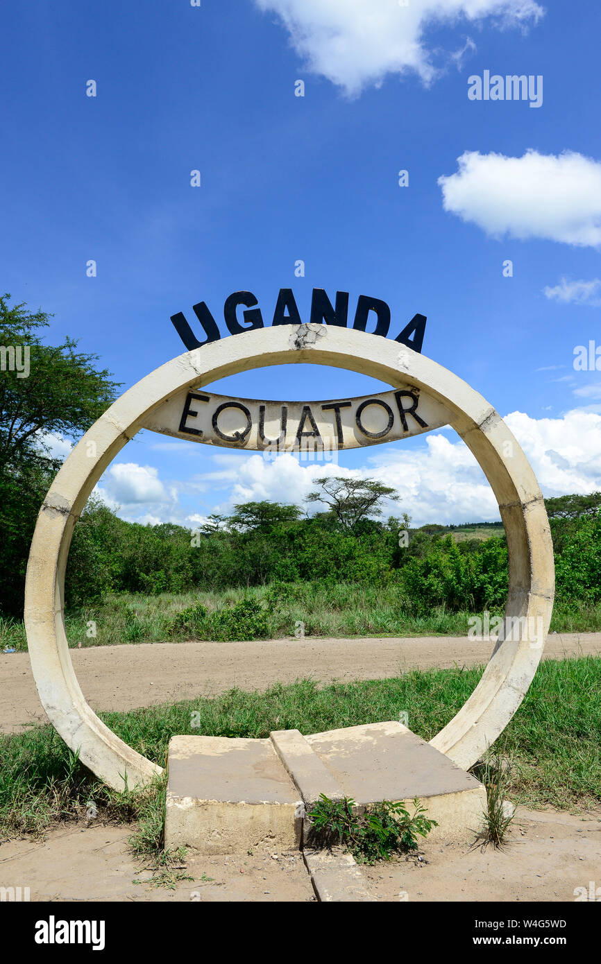 UGANDA, Kasese, sign for equator line, zeroth circle of latitude, divides northern and southern hemispheres of the globe Stock Photo