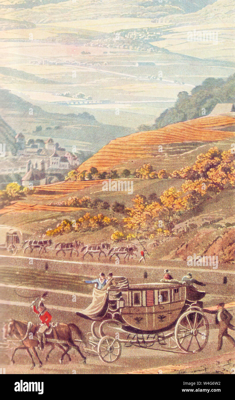 Historic image of German Mail and Passenger carriage watercolor by Eduard Gurk circa 1850. The town of Marienbad in the background Stock Photo