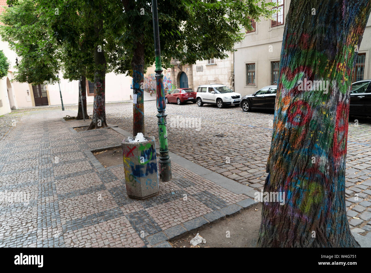 PRAGUE, JULY 15 2019 - Beatles John Lennon graffiti wall is symbol of freedom and artist from all over the world keep on writing on it Stock Photo