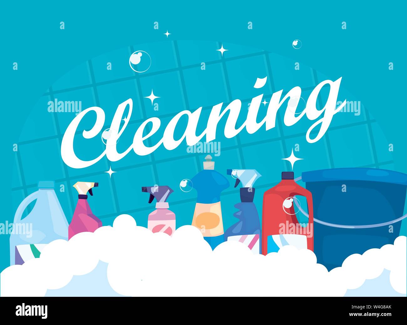 bucket bubbles cleaning products and supplies vector illustration Stock