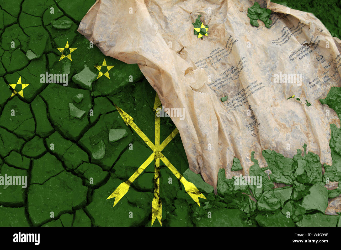 The flag of Adygea, the flag is depicted on cracked earth. Ecology concept with environmental pollution from household and industrial waste. Stock Photo
