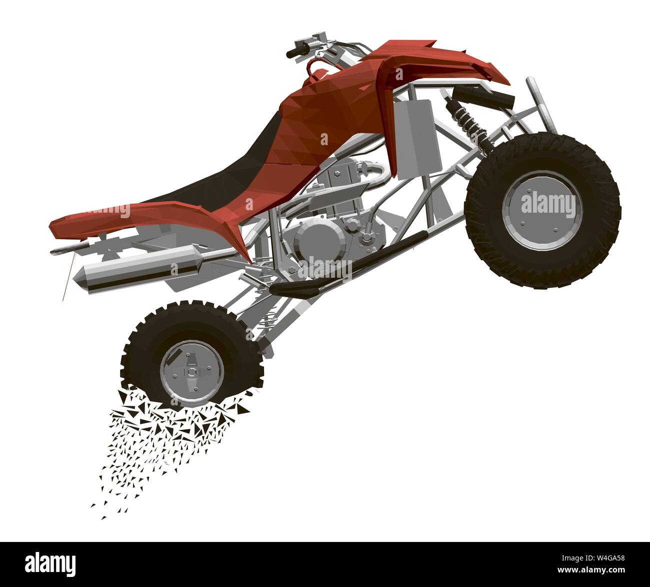 Polygonal quad bike flies with a trail of particles from the wheels. Side view. 3D. Vector illustration Stock Vector