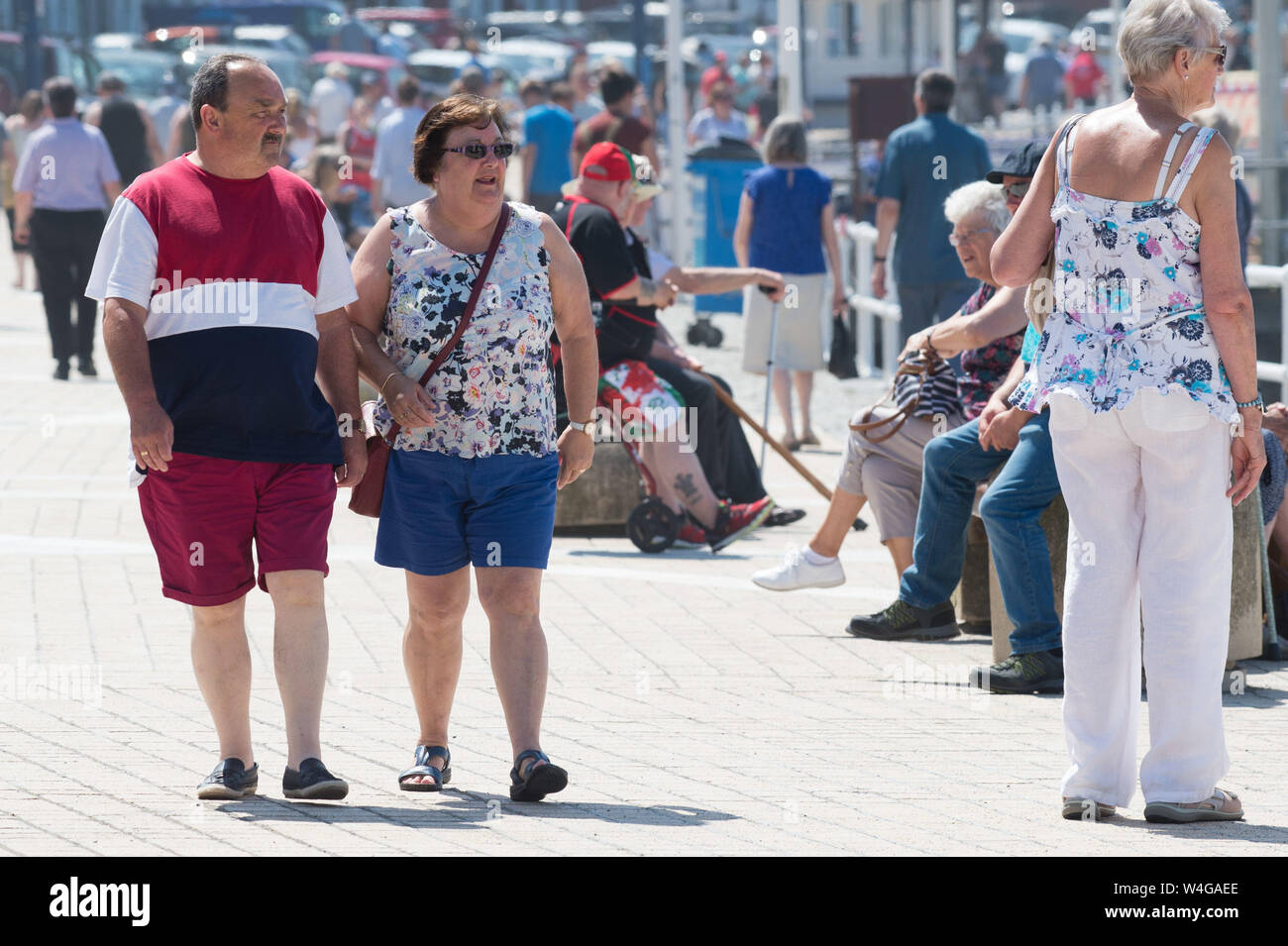 Tuesday 23 July  2019. Aberystwyth Wales UK UK weather: People at the seaside  in Aberystwyth enjoying  a sweltering summer afternoon on a day of unbroken blue skies and hot sunshine. The country is experiencing  the hottest day of the year so far as a plume of scorching hot air drifts in from the continent.  Photo credit Keith Morris / Alamy Live News Stock Photo