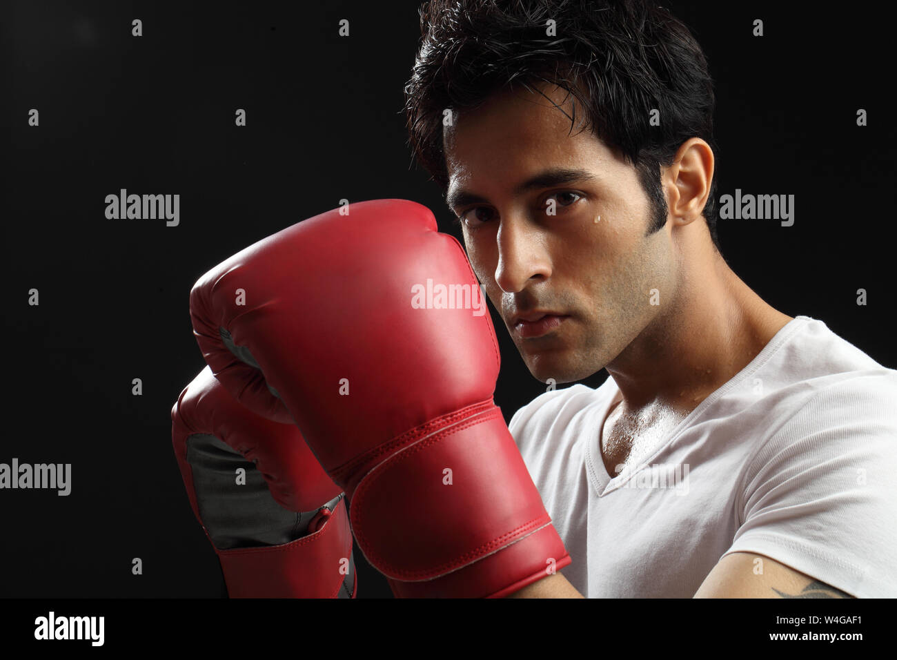 Indian young man wearing boxing gloves Stock Photo Alamy