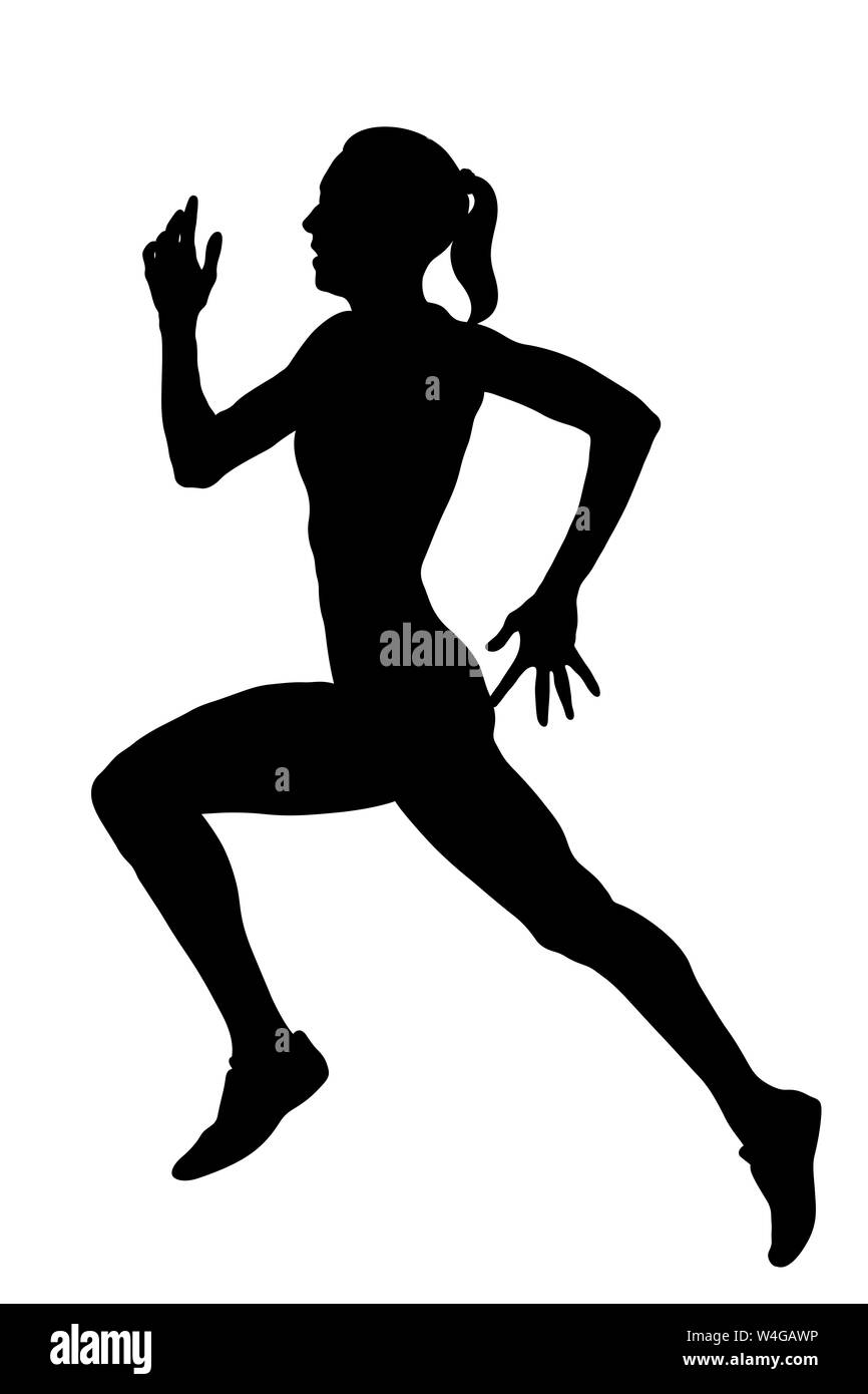 slender female athlete runner running black silhouette Stock Photo