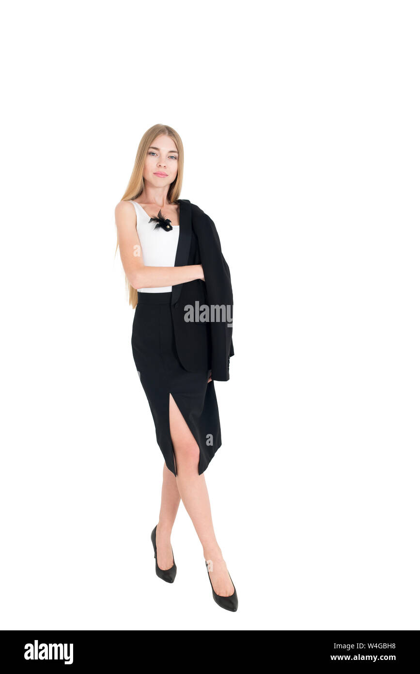 Full body portrait of happy beautiful young businesswoman, isolated on white background. Caucasian blond model in business success concept. Stock Photo