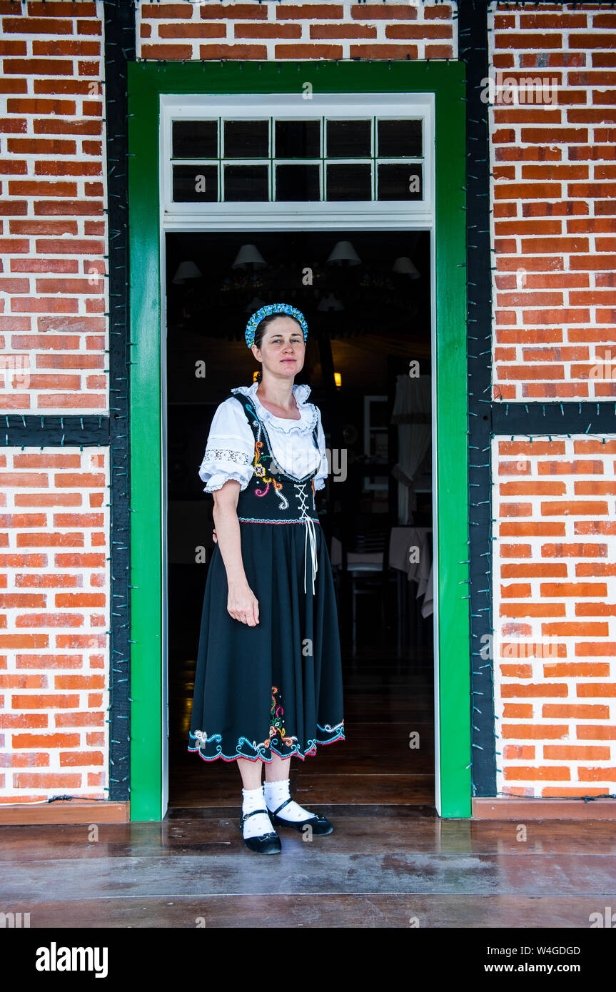 Traditional dressed woman in the German town Pomerode near Blumenau, Brazil Stock Photo
