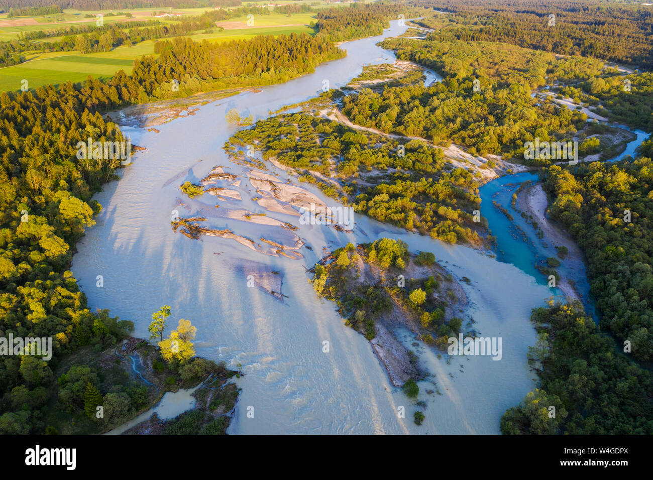 Aerial view of Isar river, high water, near Geretsried, Upper Bavaria, Germany Stock Photo