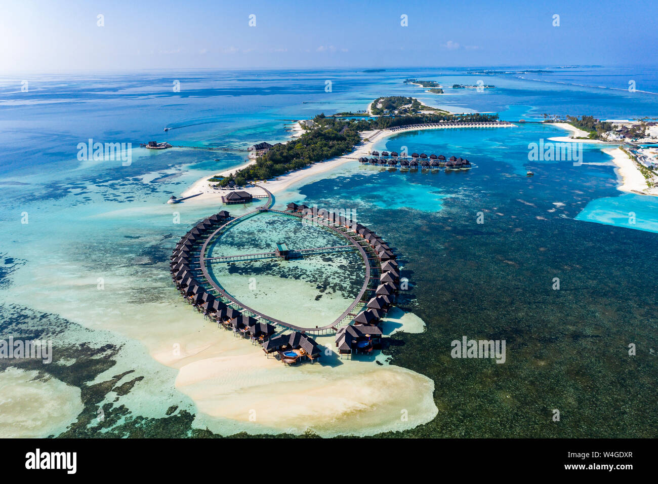 Aerial view over Olhuveli and Bodufinolhu with Fun Island Resort, South Male Atoll, Maldives Stock Photo