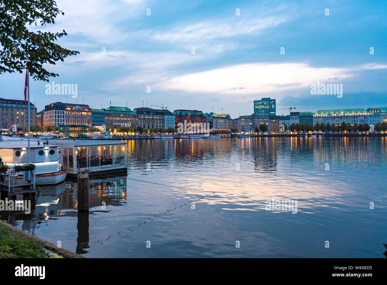 Cityscape with Binnenalster at sunset, Hamburg, Germany Stock Photo
