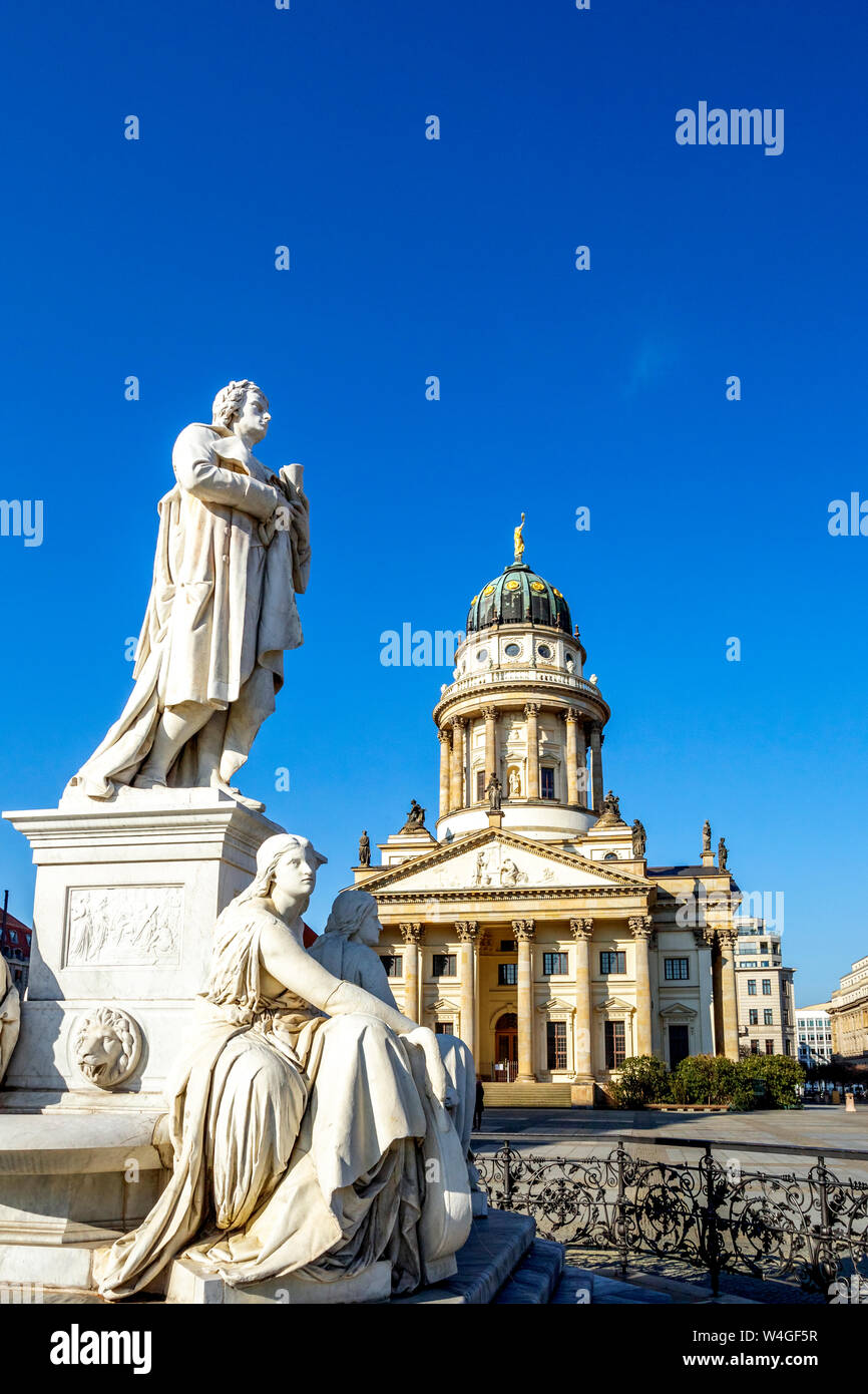 View to French Cathedral with Schiller Monument in the foreground, Gendarmenmarkt, Berlin, Germany Stock Photo