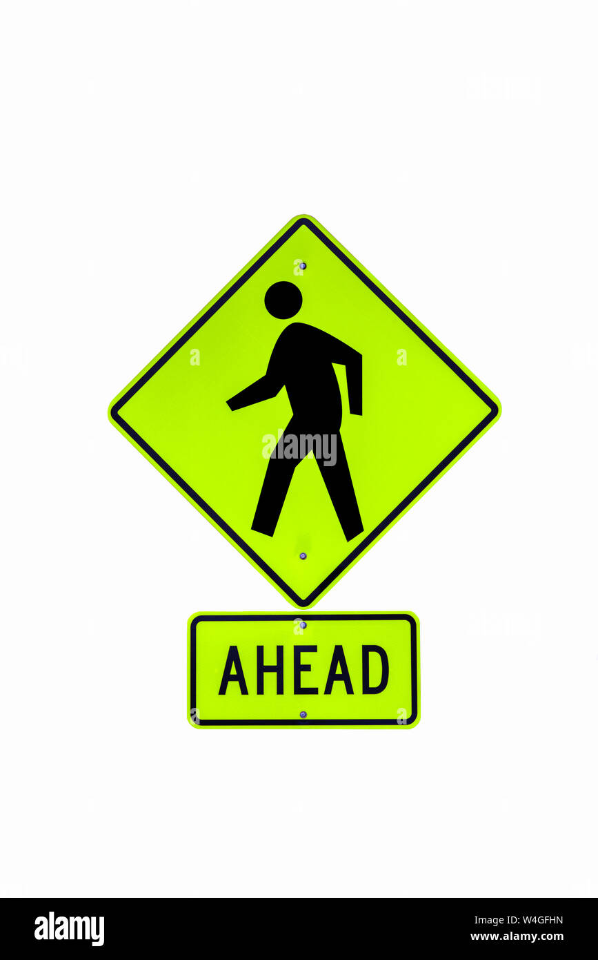 Floresent green cross walk/ahead sign isolated on white Stock Photo